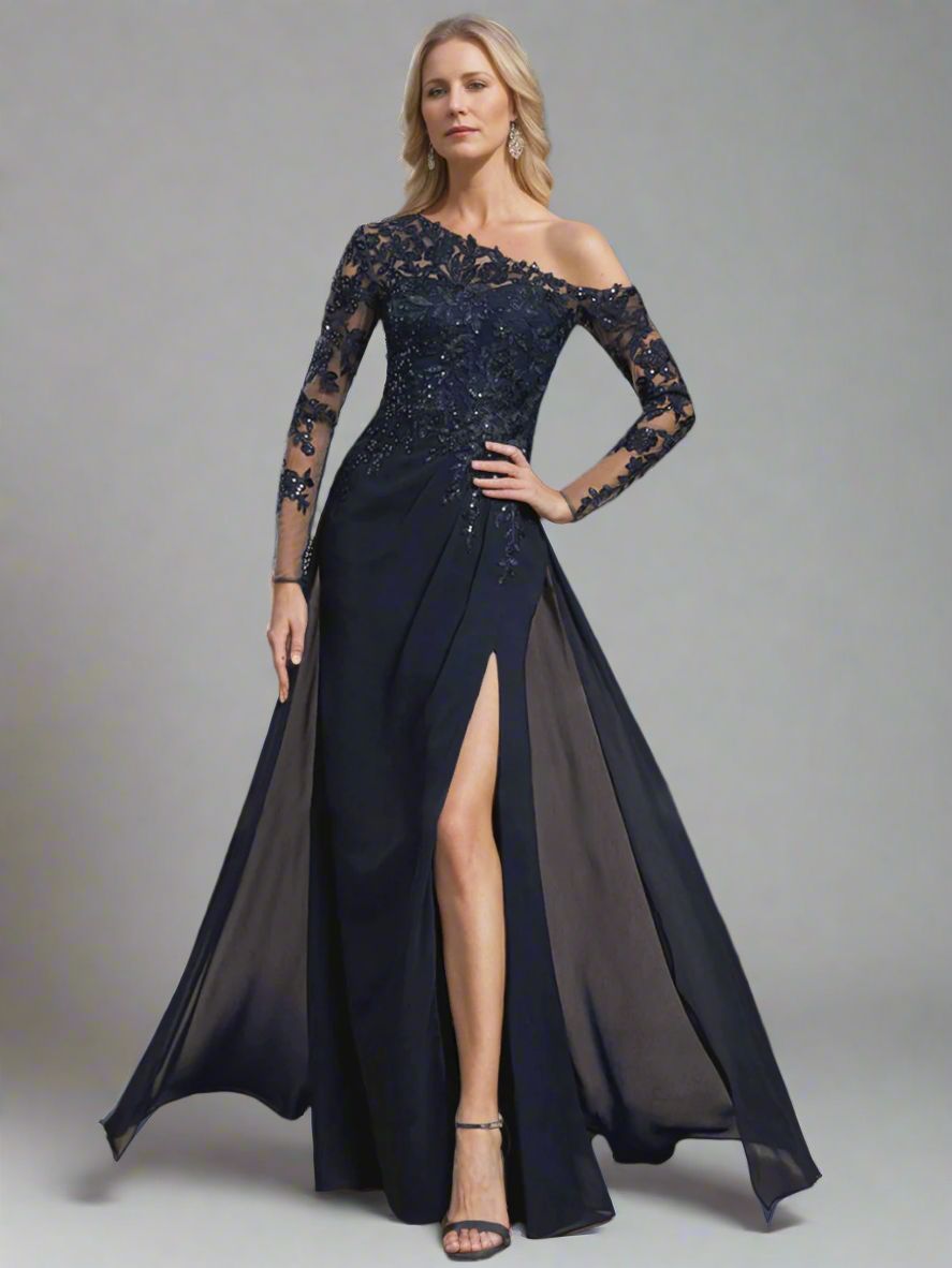 One-Shoulder Floor-Length A-Line Mother of the Bride Dress with Long Sleeves and High Slit