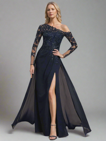 One-Shoulder Floor-Length A-Line Mother of the Bride Dress with Long Sleeves and High Slit