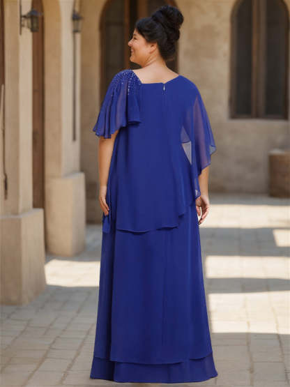 Asymmetrical Ruffle Chiffon Floor-Length Mother of the Bride Dress with Short Sleeves