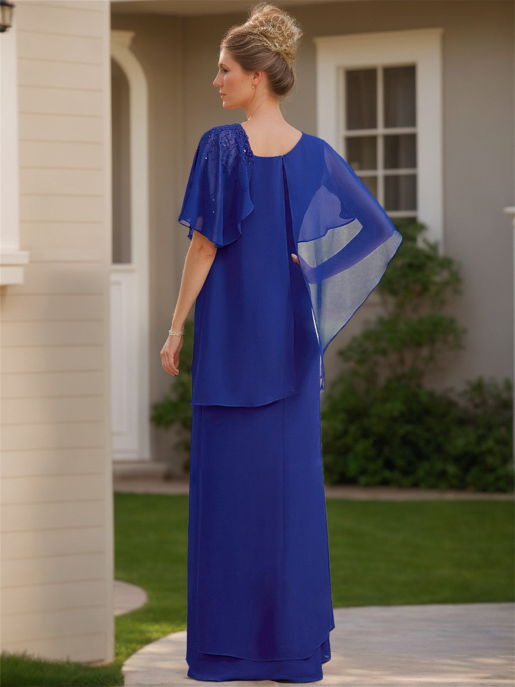 Asymmetrical Ruffle Chiffon Floor-Length Mother of the Bride Dress with Short Sleeves