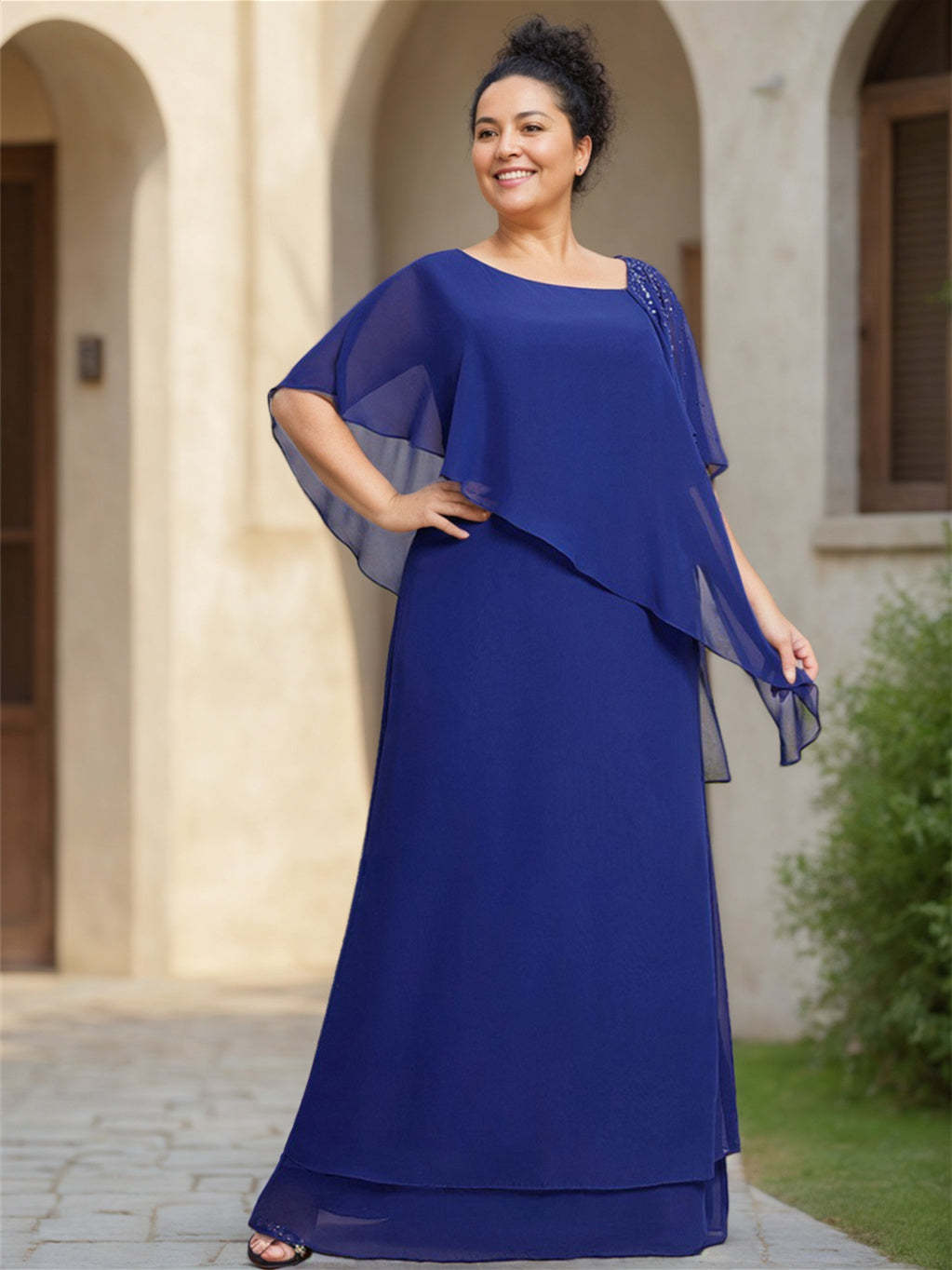 Asymmetrical Ruffle Chiffon Floor-Length Mother of the Bride Dress with Short Sleeves
