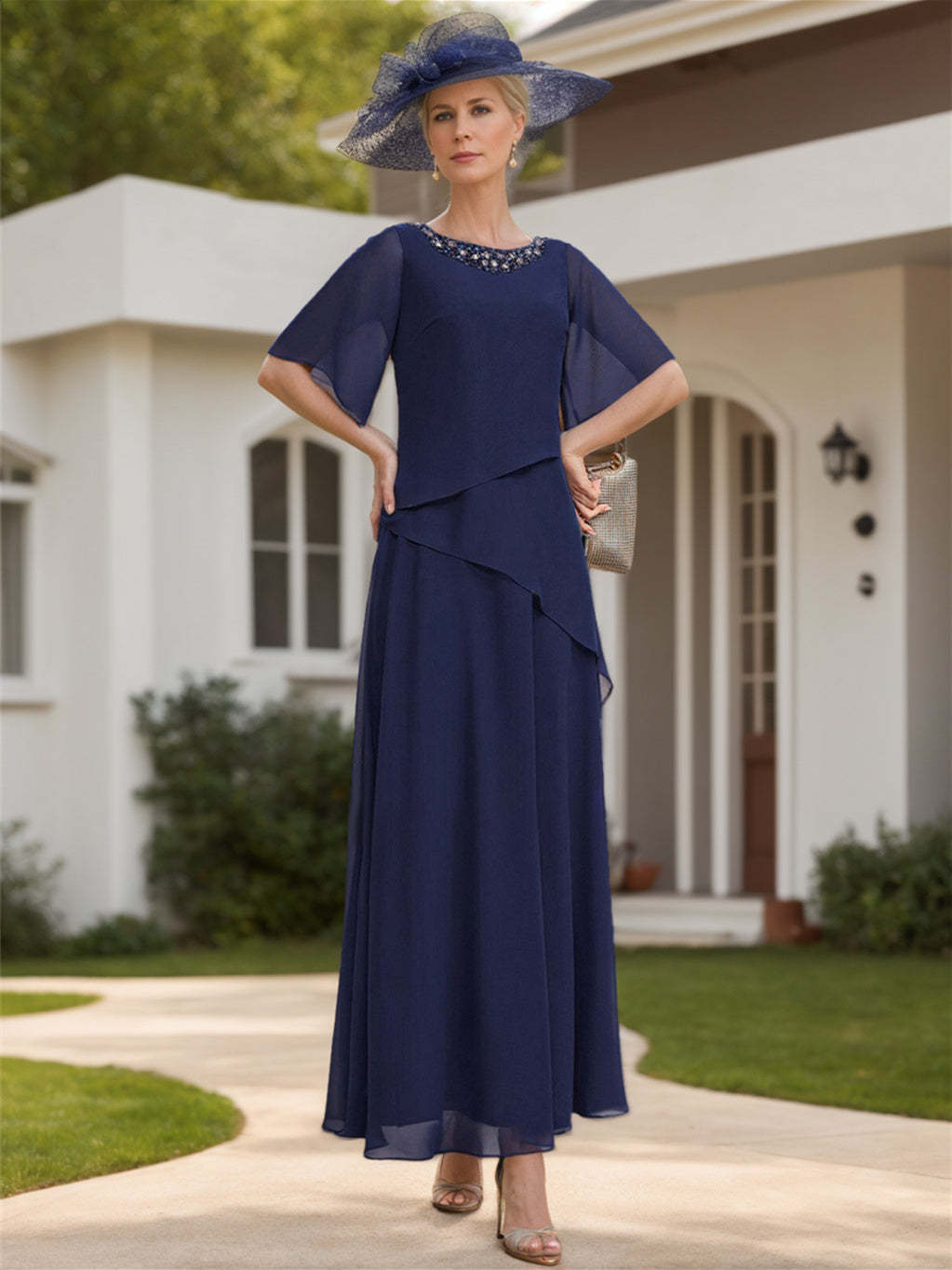 Scoop Neck Chiffon Mother of the Bride Dress with 1/2 Sleeves in A-Line/Princess Style