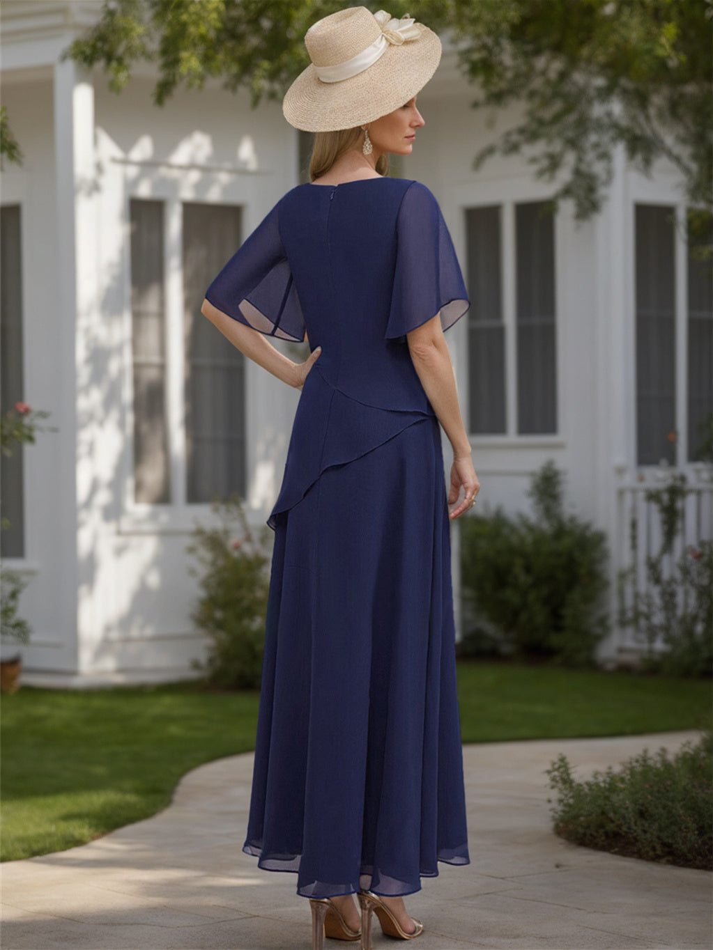 Scoop Neck Chiffon Mother of the Bride Dress with 1/2 Sleeves in A-Line/Princess Style
