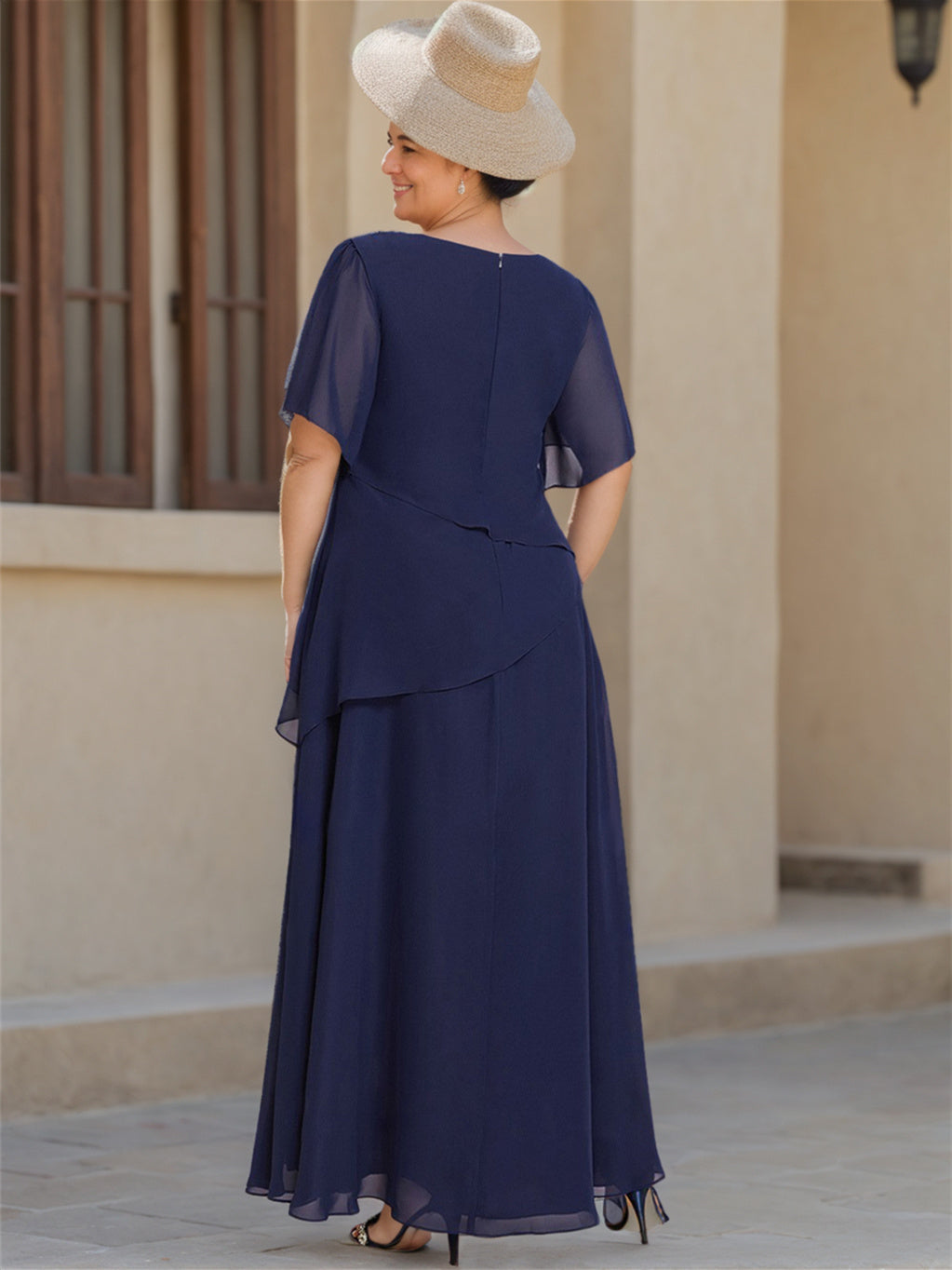 Scoop Neck Chiffon Mother of the Bride Dress with 1/2 Sleeves in A-Line/Princess Style