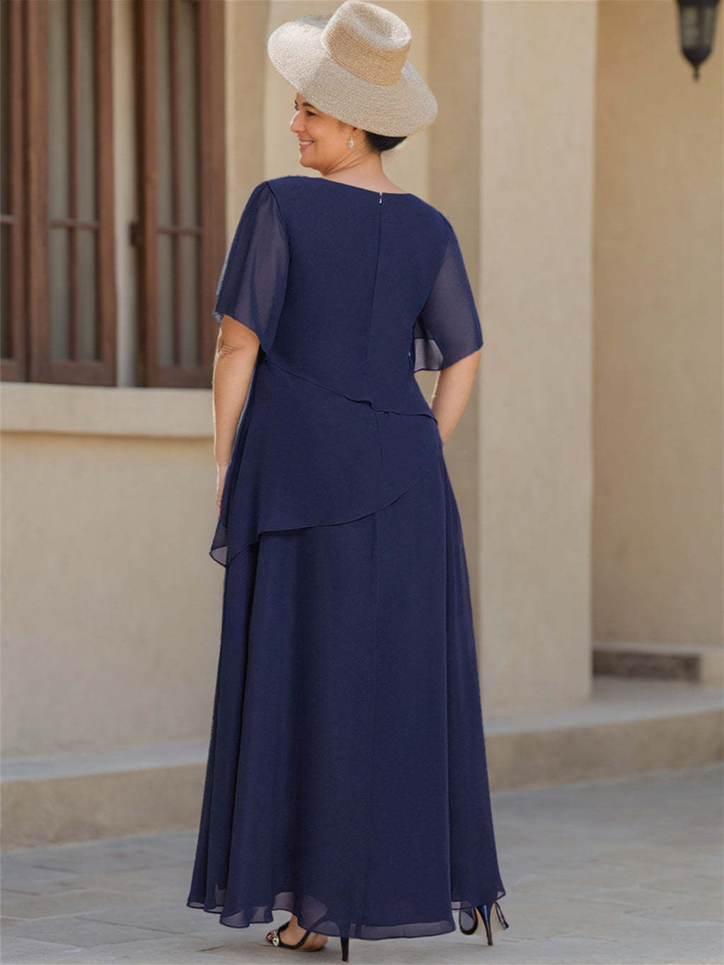 Scoop Neck Chiffon Mother of the Bride Dress with 1/2 Sleeves in A-Line/Princess Style