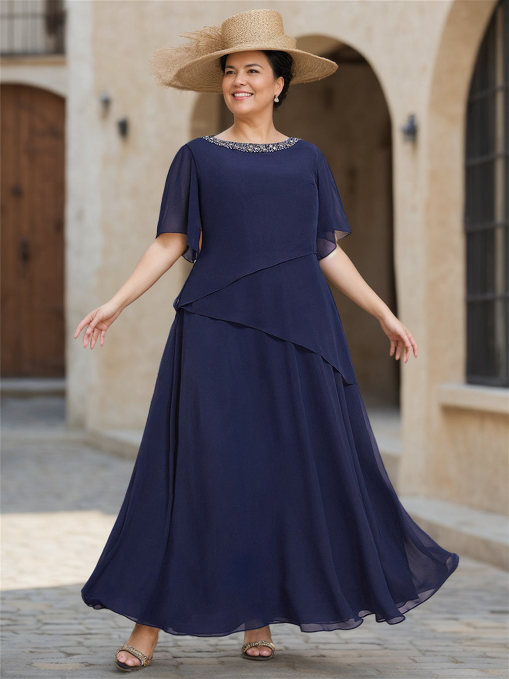 Scoop Neck Chiffon Mother of the Bride Dress with 1/2 Sleeves in A-Line/Princess Style