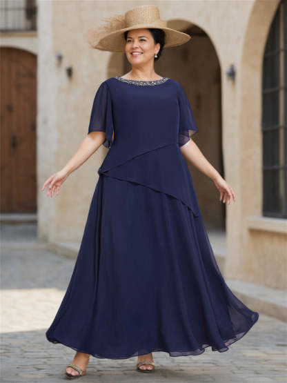 Scoop Neck Chiffon Mother of the Bride Dress with 1/2 Sleeves in A-Line/Princess Style