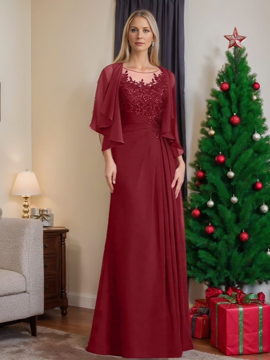 Floor-Length A-Line Princess Mother of the Bride Dress with Scoop Neck Pleats and Sequins