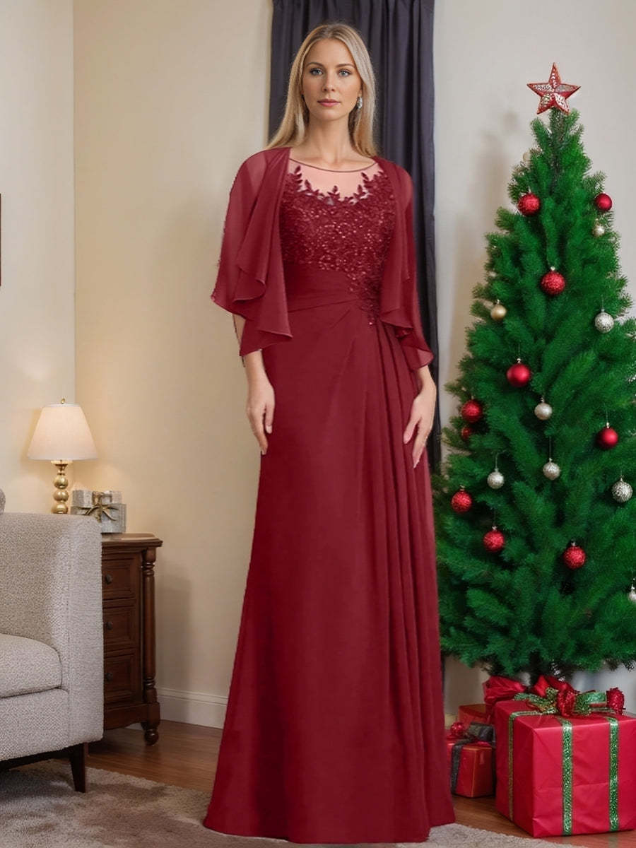 Floor-Length A-Line Princess Mother of the Bride Dress with Scoop Neck Pleats and Sequins