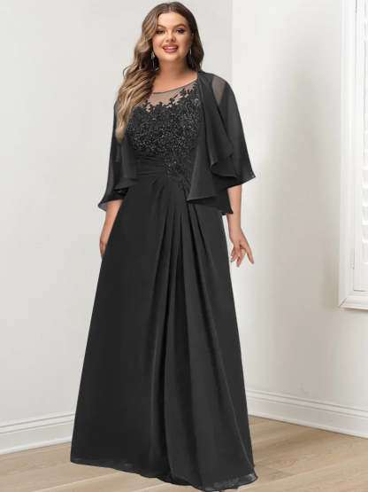 Plus Size Mother of the Bride A-Line Princess Scoop Floor-Length Dress with Pleated & Sequins