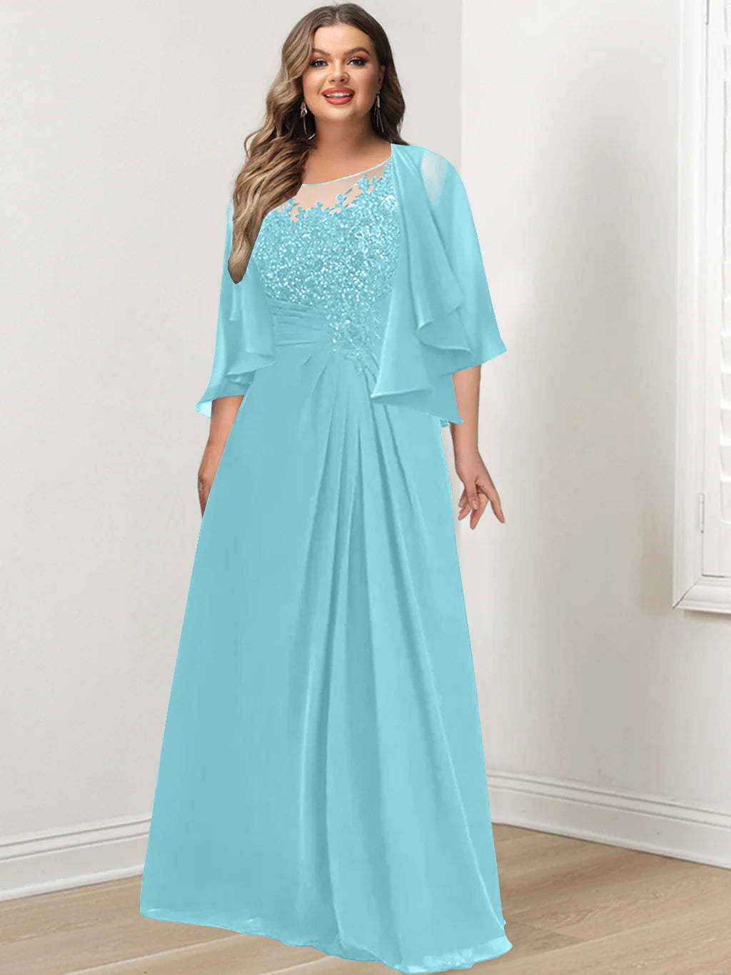 Plus Size Mother of the Bride A-Line Princess Scoop Floor-Length Dress with Pleated & Sequins