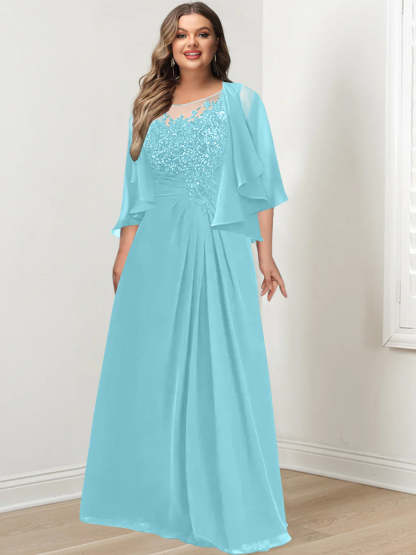Plus Size Mother of the Bride A-Line Princess Scoop Floor-Length Dress with Pleated & Sequins