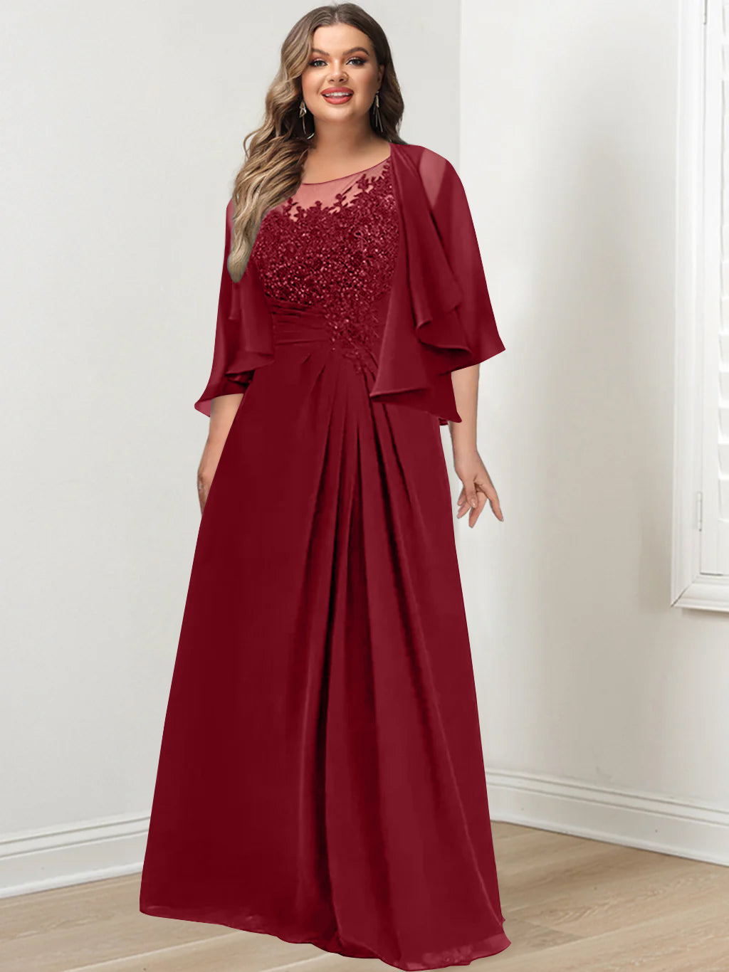Plus Size Mother of the Bride A-Line Princess Scoop Floor-Length Dress with Pleated & Sequins