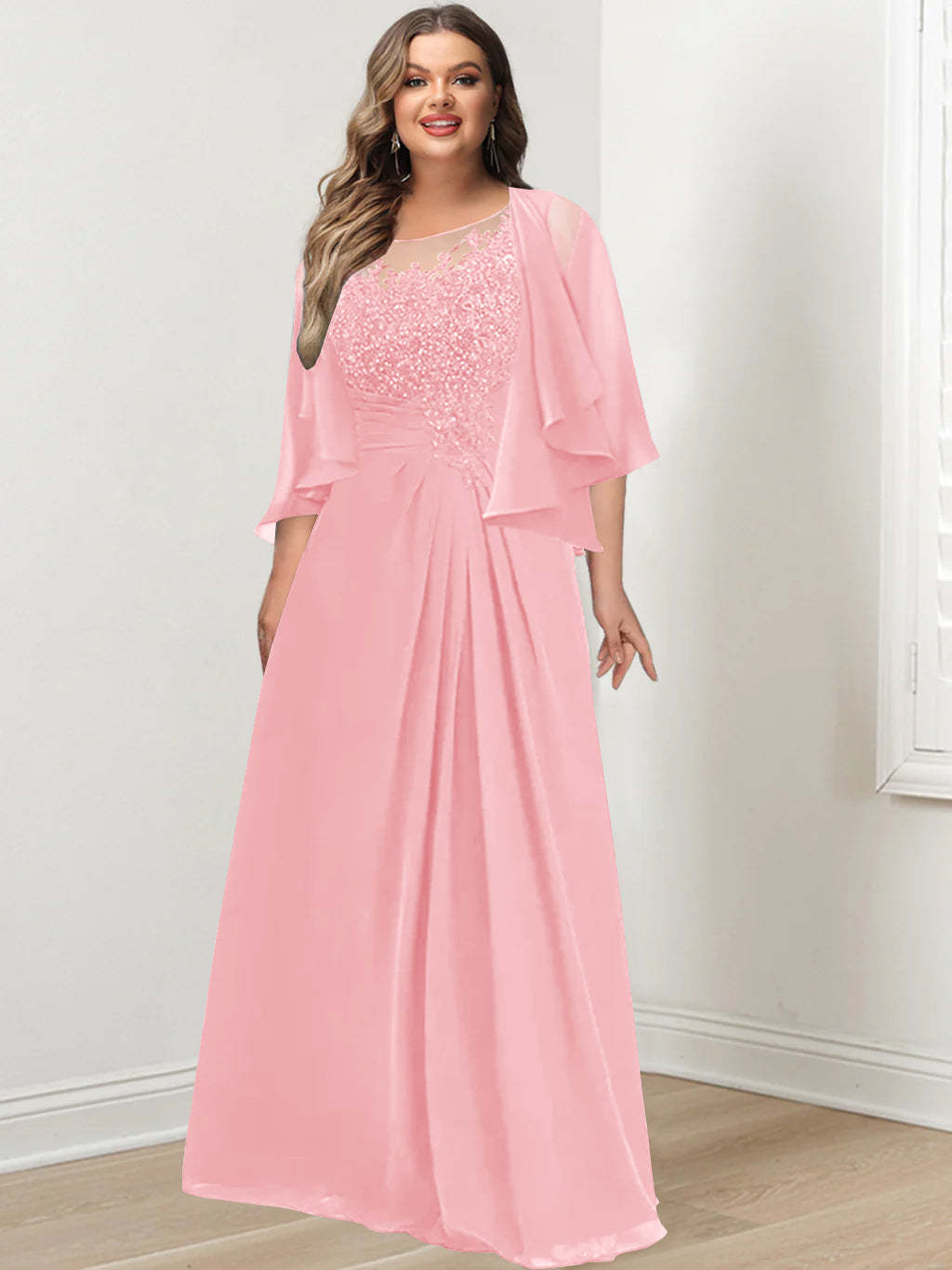 Plus Size Mother of the Bride A-Line Princess Scoop Floor-Length Dress with Pleated & Sequins