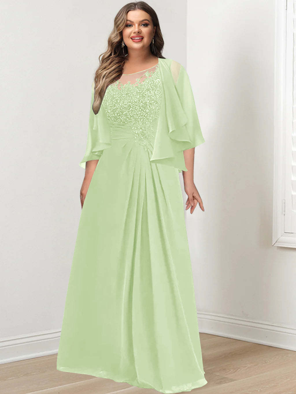 Plus Size Mother of the Bride A-Line Princess Scoop Floor-Length Dress with Pleated & Sequins