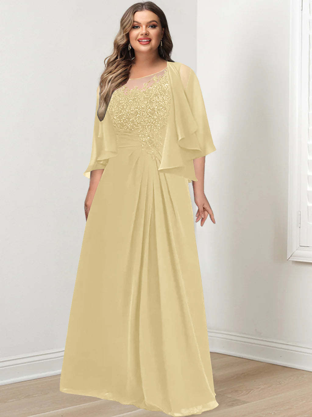 Plus Size Mother of the Bride A-Line Princess Scoop Floor-Length Dress with Pleated & Sequins
