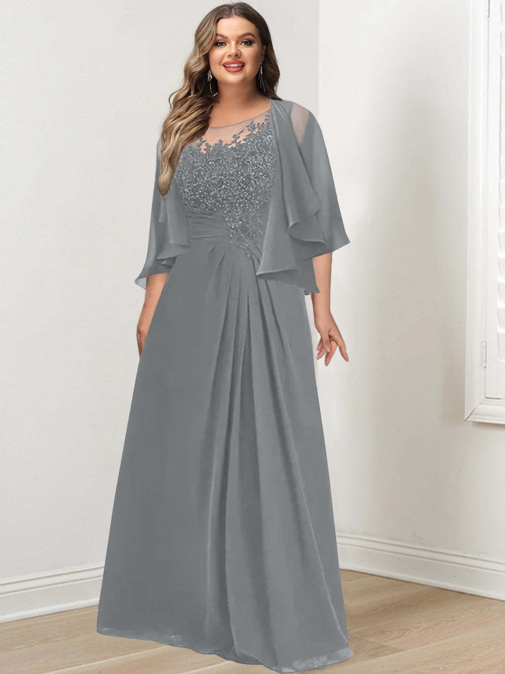 Plus Size Mother of the Bride A-Line Princess Scoop Floor-Length Dress with Pleated & Sequins