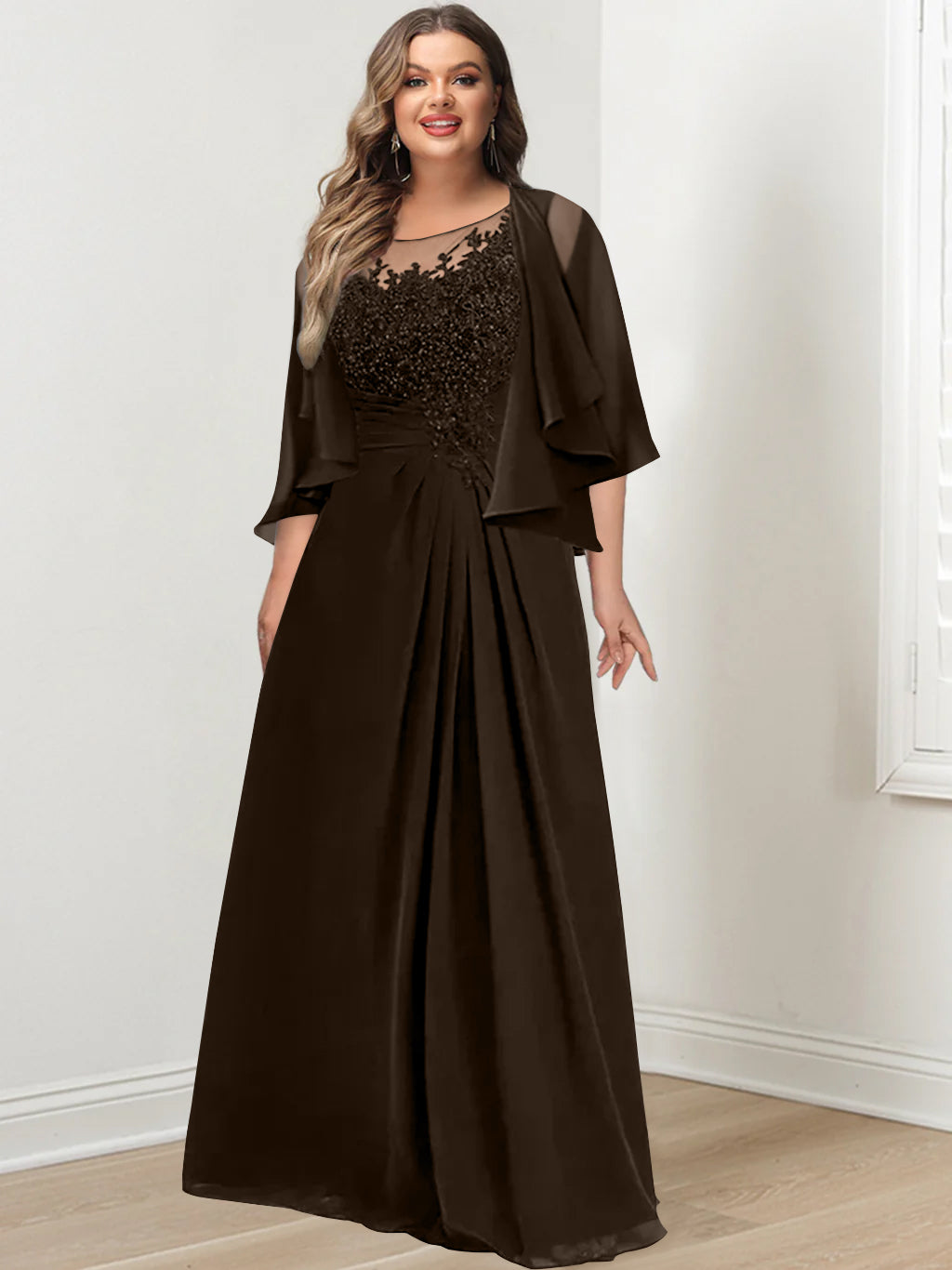 Plus Size Mother of the Bride A-Line Princess Scoop Floor-Length Dress with Pleated & Sequins