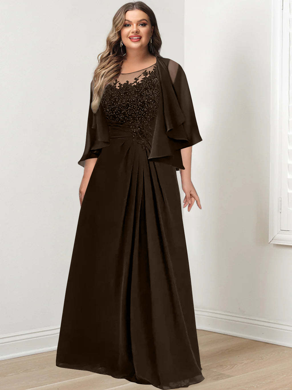 Plus Size Mother of the Bride A-Line Princess Scoop Floor-Length Dress with Pleated & Sequins