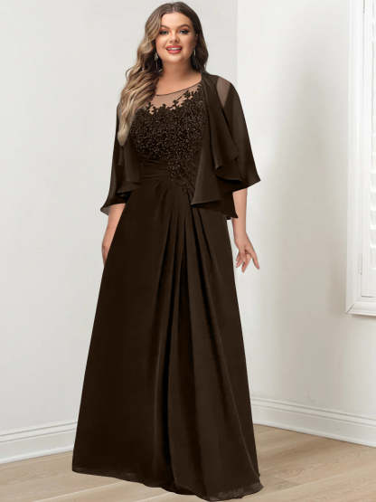 Plus Size Mother of the Bride A-Line Princess Scoop Floor-Length Dress with Pleated & Sequins