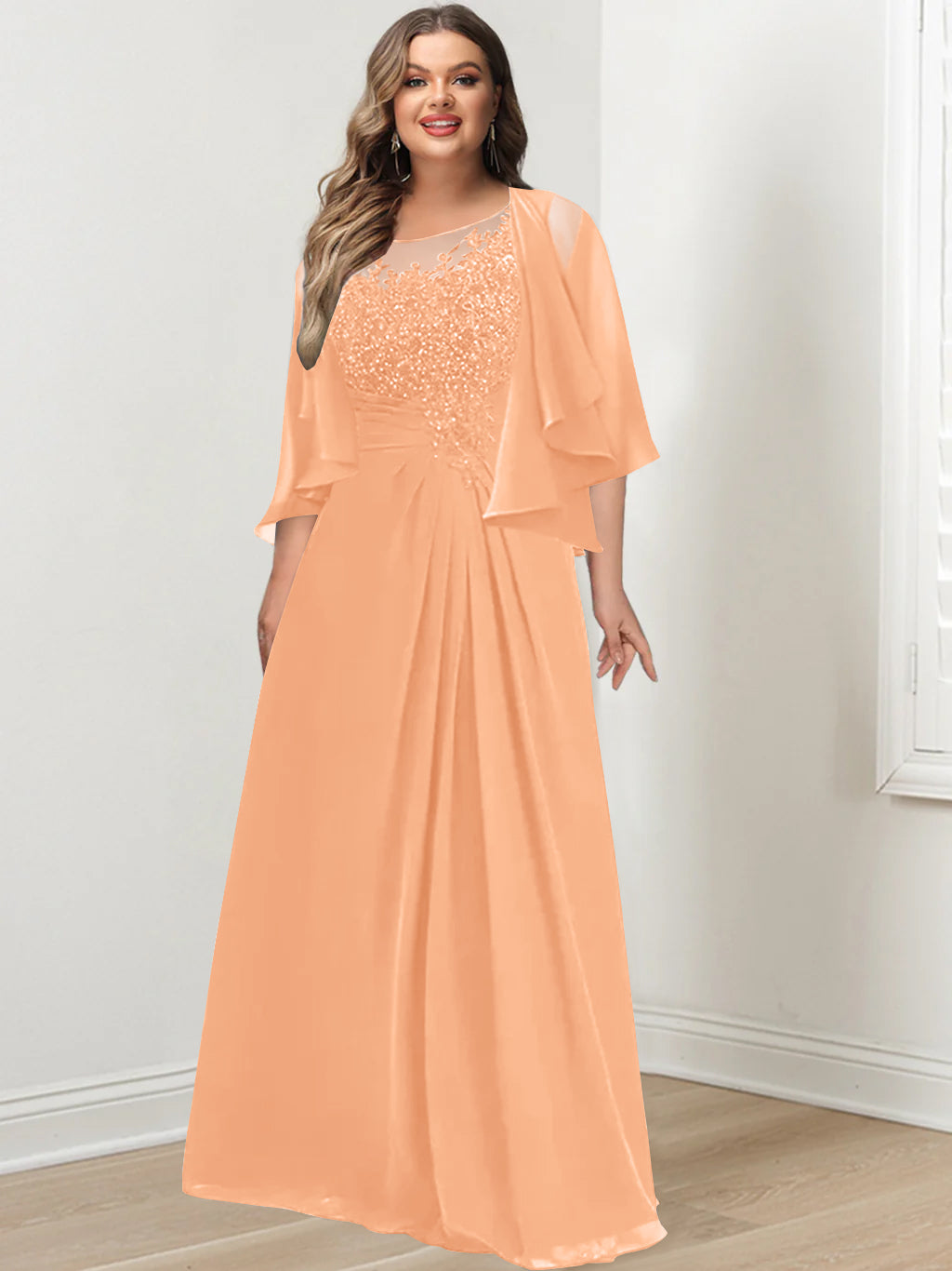 Plus Size Mother of the Bride A-Line Princess Scoop Floor-Length Dress with Pleated & Sequins