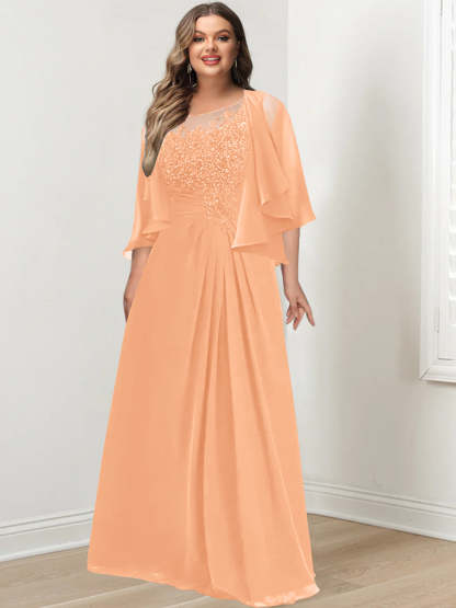 Plus Size Mother of the Bride A-Line Princess Scoop Floor-Length Dress with Pleated & Sequins