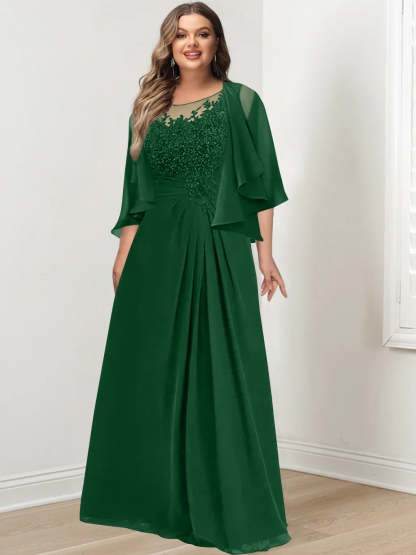 Plus Size Mother of the Bride A-Line Princess Scoop Floor-Length Dress with Pleated & Sequins