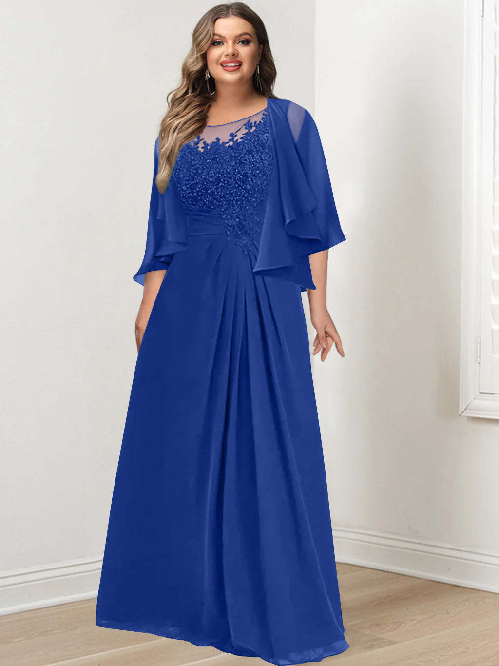Plus Size Mother of the Bride A-Line Princess Scoop Floor-Length Dress with Pleated & Sequins