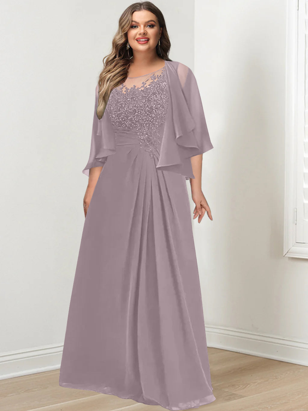 Plus Size Mother of the Bride A-Line Princess Scoop Floor-Length Dress with Pleated & Sequins