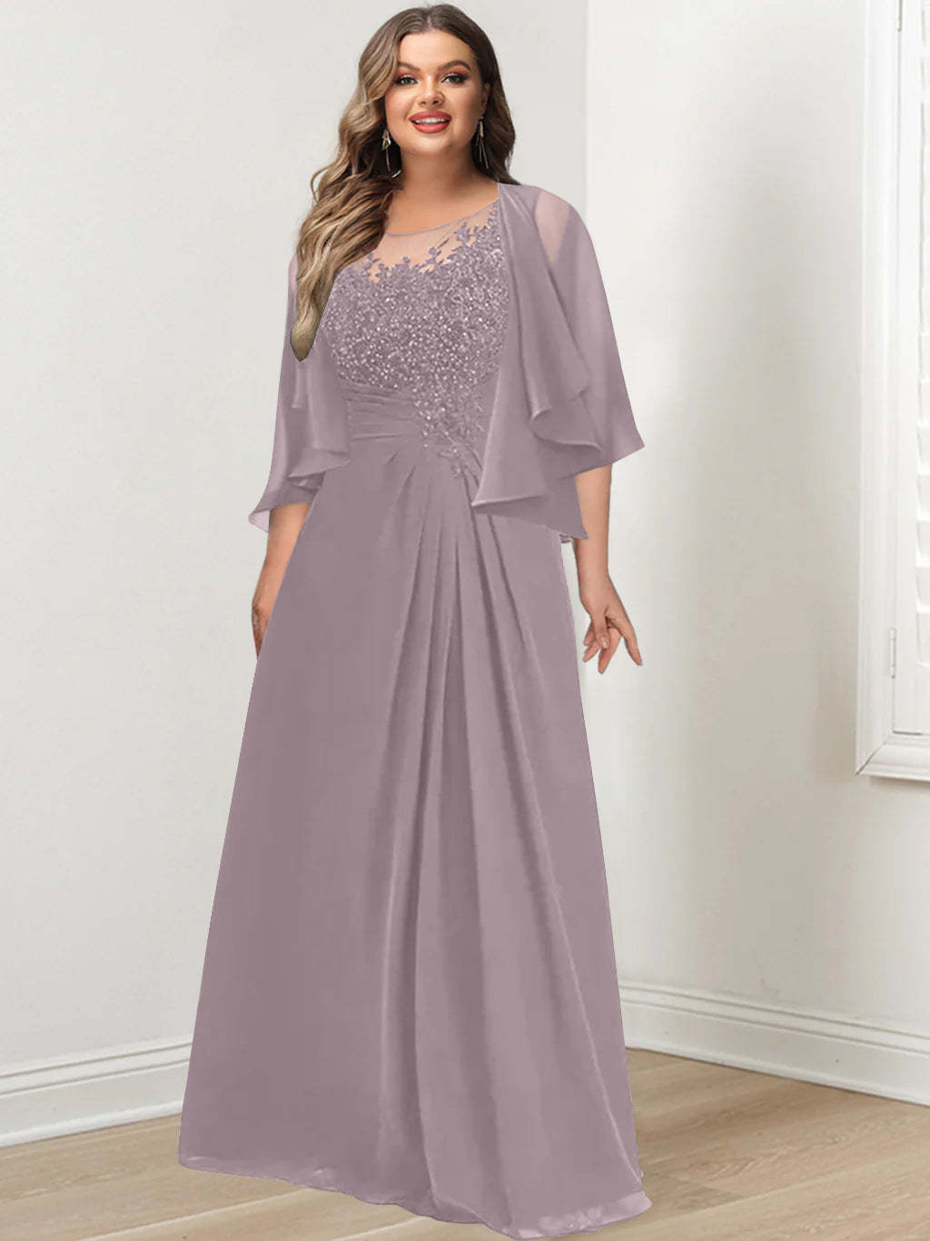 Plus Size Mother of the Bride A-Line Princess Scoop Floor-Length Dress with Pleated & Sequins