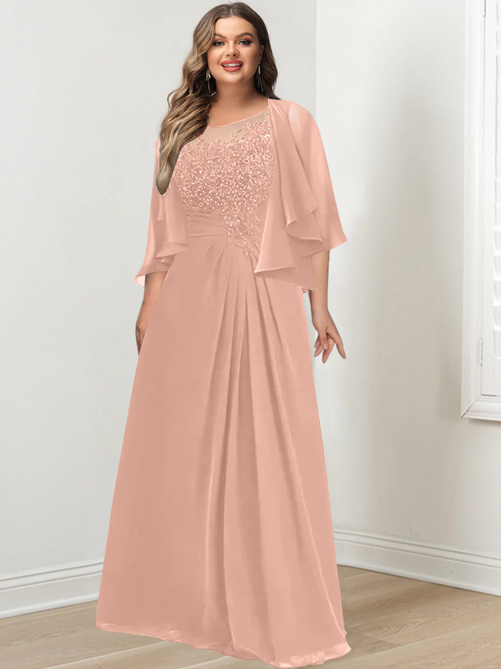 Plus Size Mother of the Bride A-Line Princess Scoop Floor-Length Dress with Pleated & Sequins