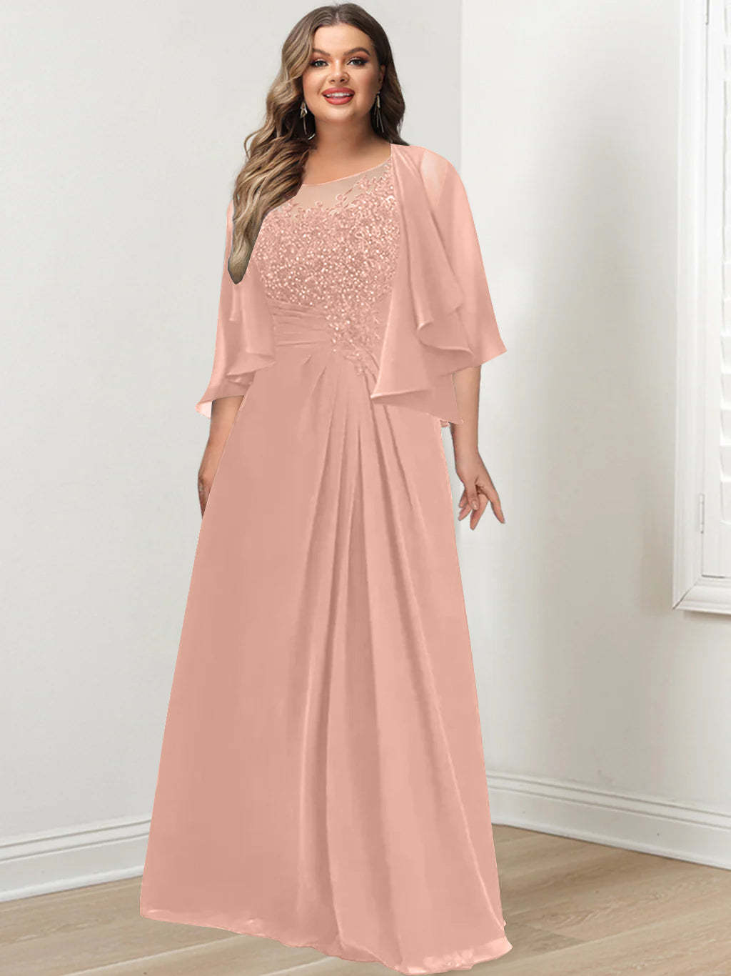 Plus Size Mother of the Bride A-Line Princess Scoop Floor-Length Dress with Pleated & Sequins