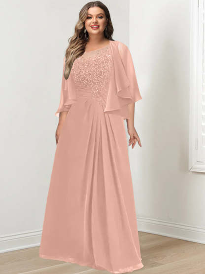Plus Size Mother of the Bride A-Line Princess Scoop Floor-Length Dress with Pleated & Sequins
