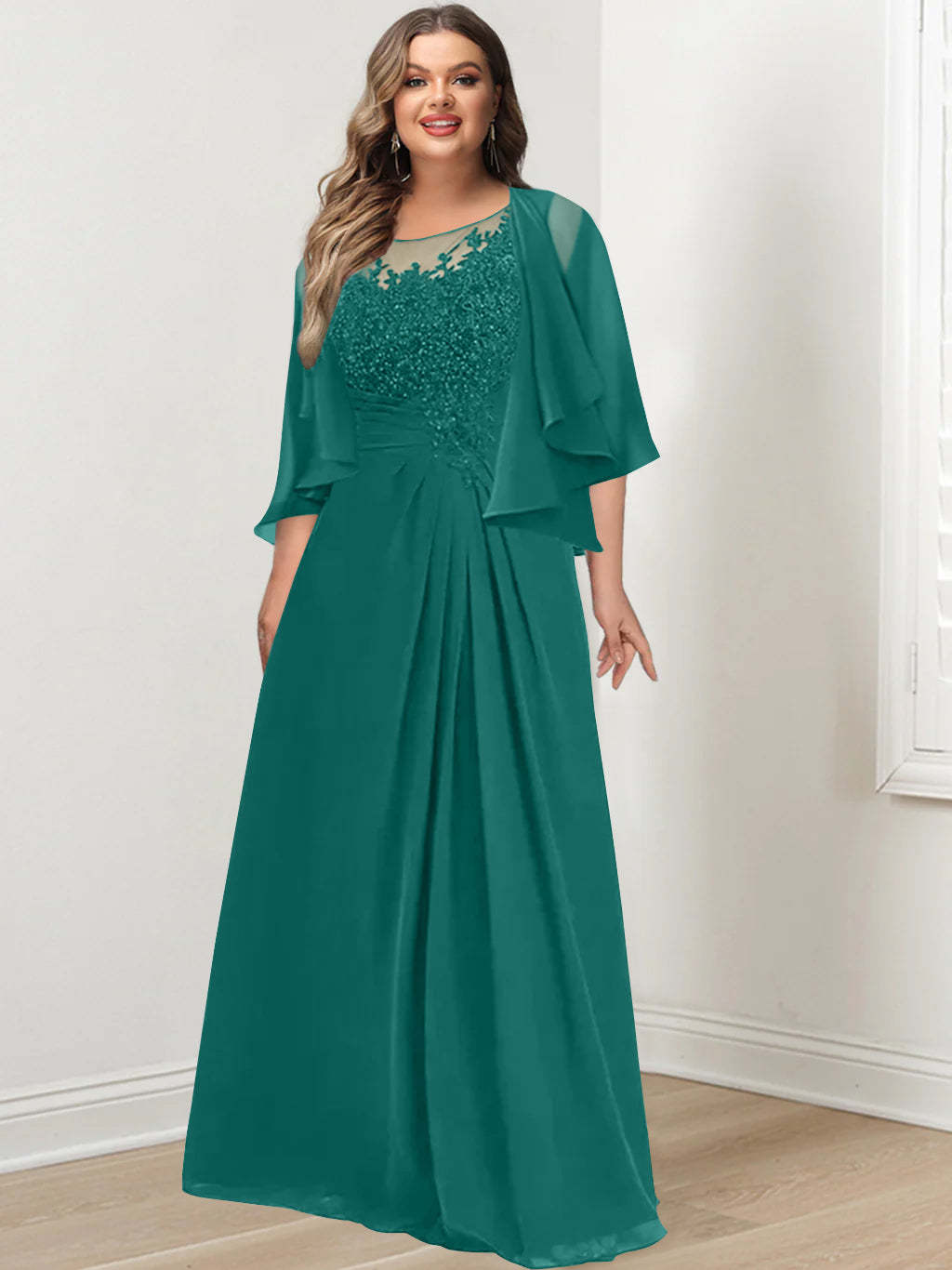 Plus Size Mother of the Bride A-Line Princess Scoop Floor-Length Dress with Pleated & Sequins
