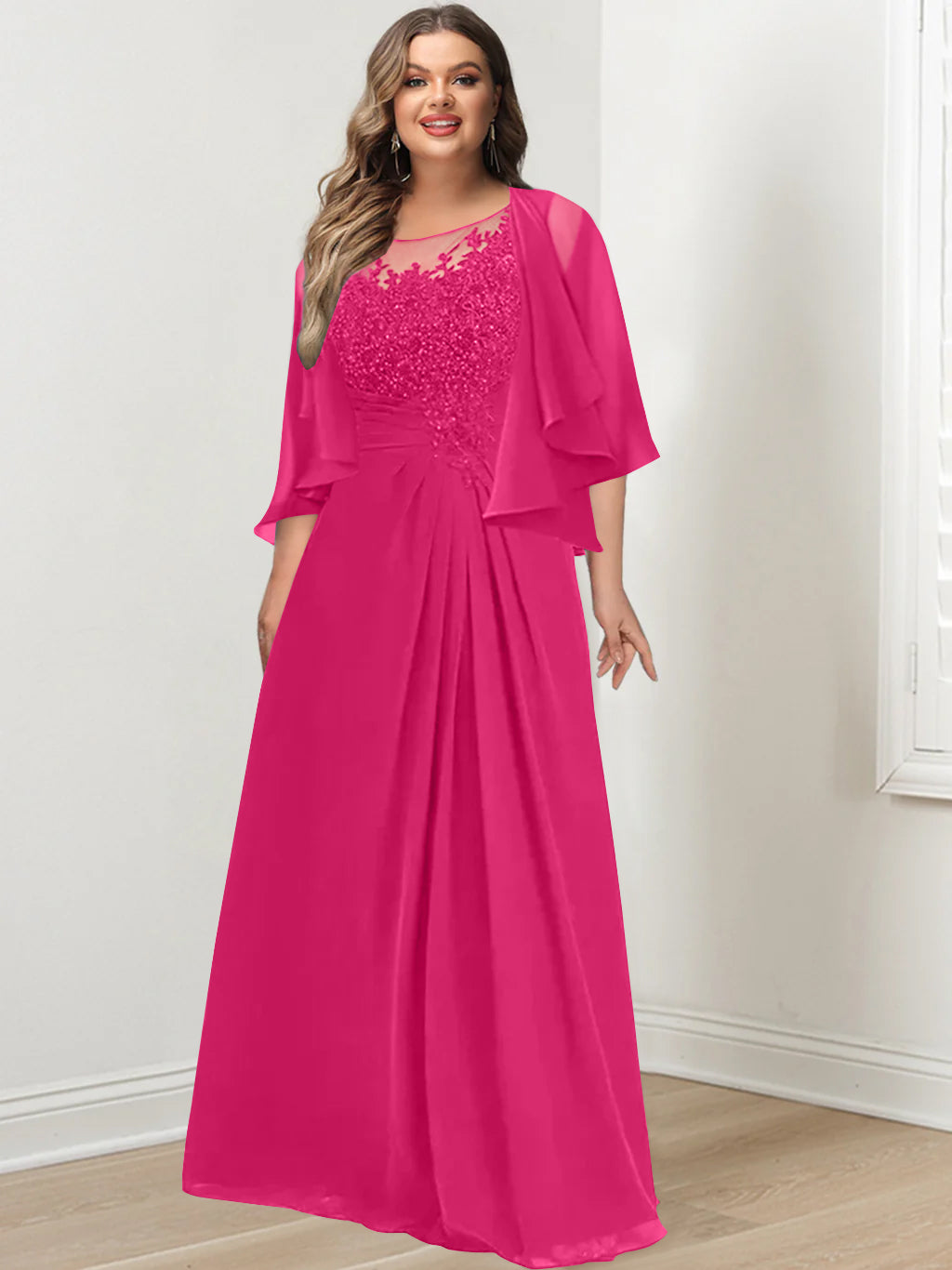 Plus Size Mother of the Bride A-Line Princess Scoop Floor-Length Dress with Pleated & Sequins