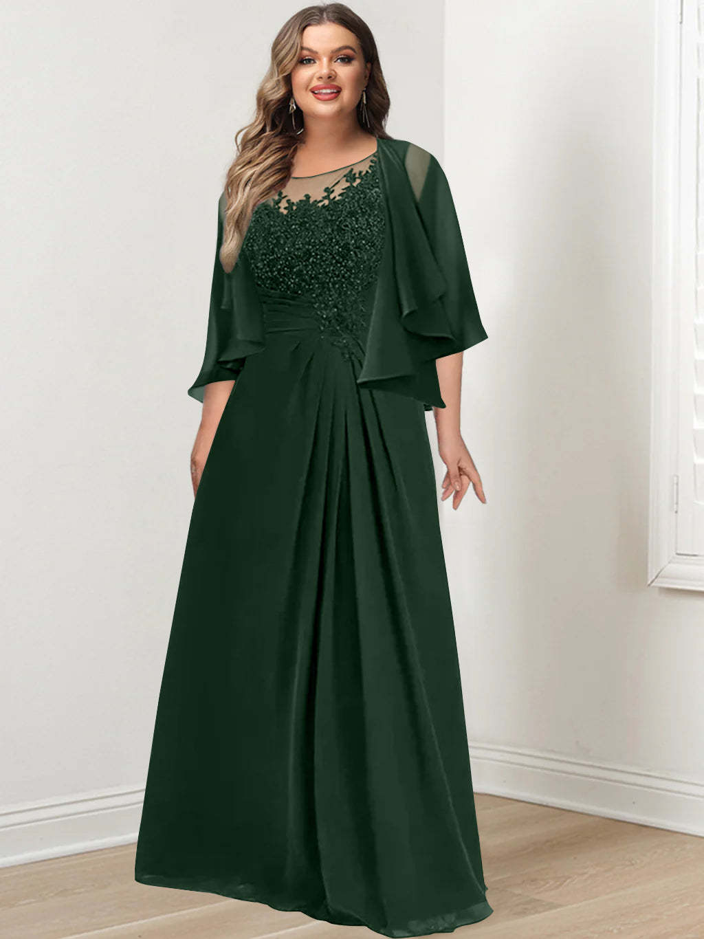 Plus Size Mother of the Bride A-Line Princess Scoop Floor-Length Dress with Pleated & Sequins