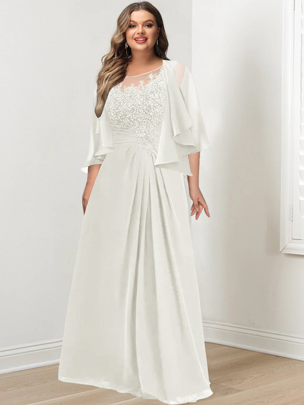 Plus Size Mother of the Bride A-Line Princess Scoop Floor-Length Dress with Pleated & Sequins