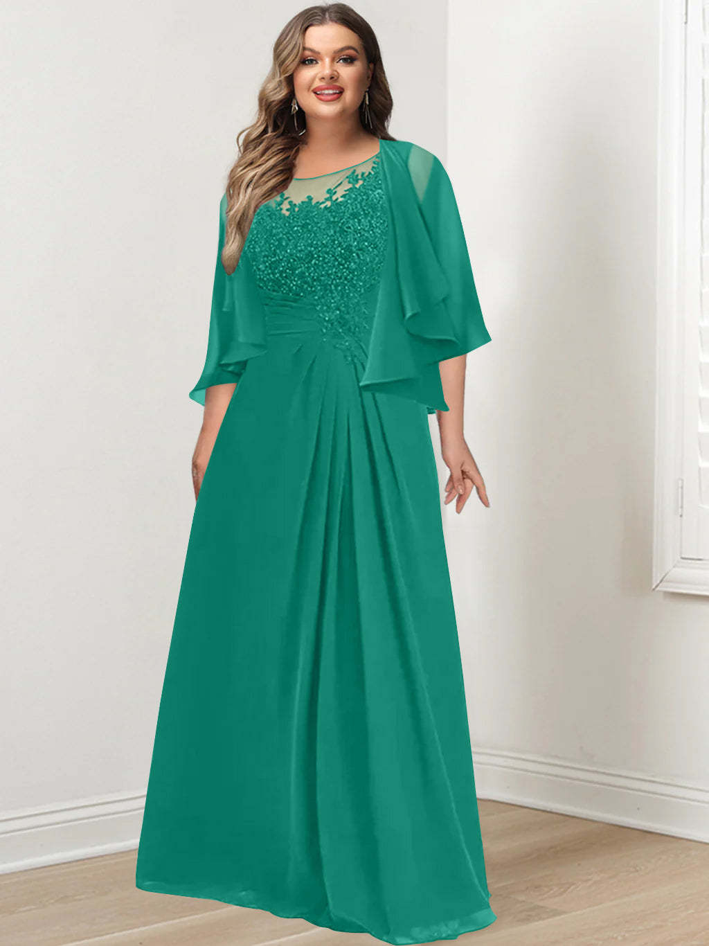 Plus Size Mother of the Bride A-Line Princess Scoop Floor-Length Dress with Pleated & Sequins