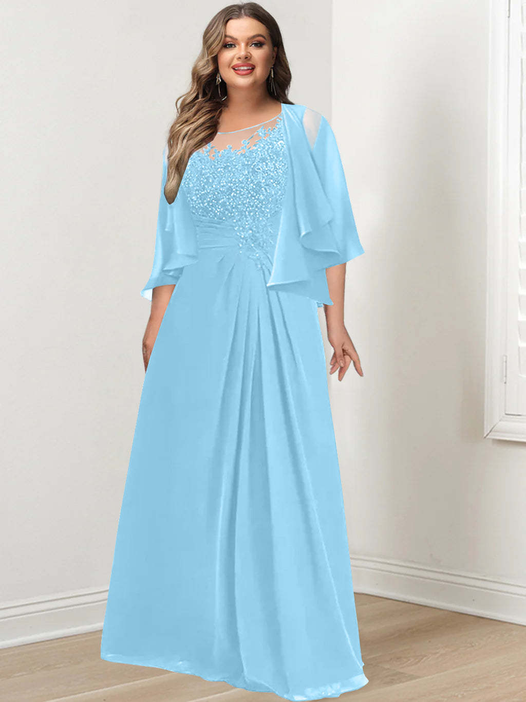 Plus Size Mother of the Bride A-Line Princess Scoop Floor-Length Dress with Pleated & Sequins