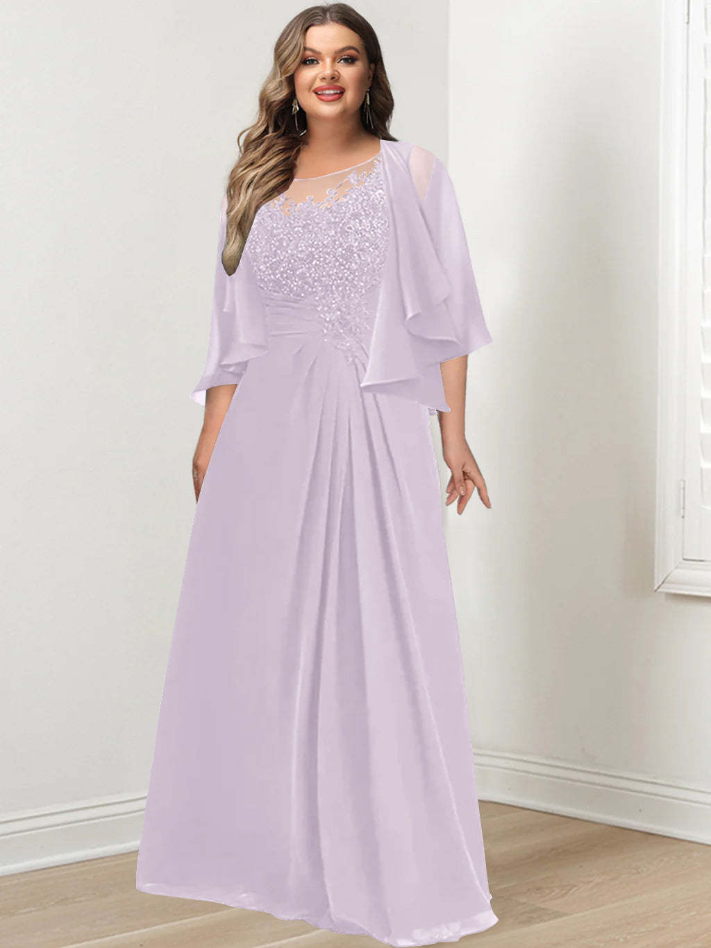 Plus Size Mother of the Bride A-Line Princess Scoop Floor-Length Dress with Pleated & Sequins