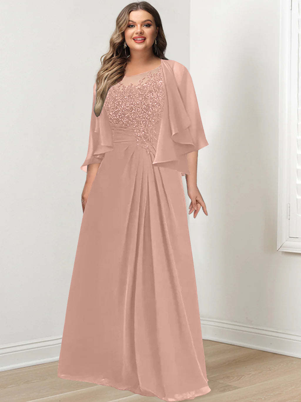 Plus Size Mother of the Bride A-Line Princess Scoop Floor-Length Dress with Pleated & Sequins