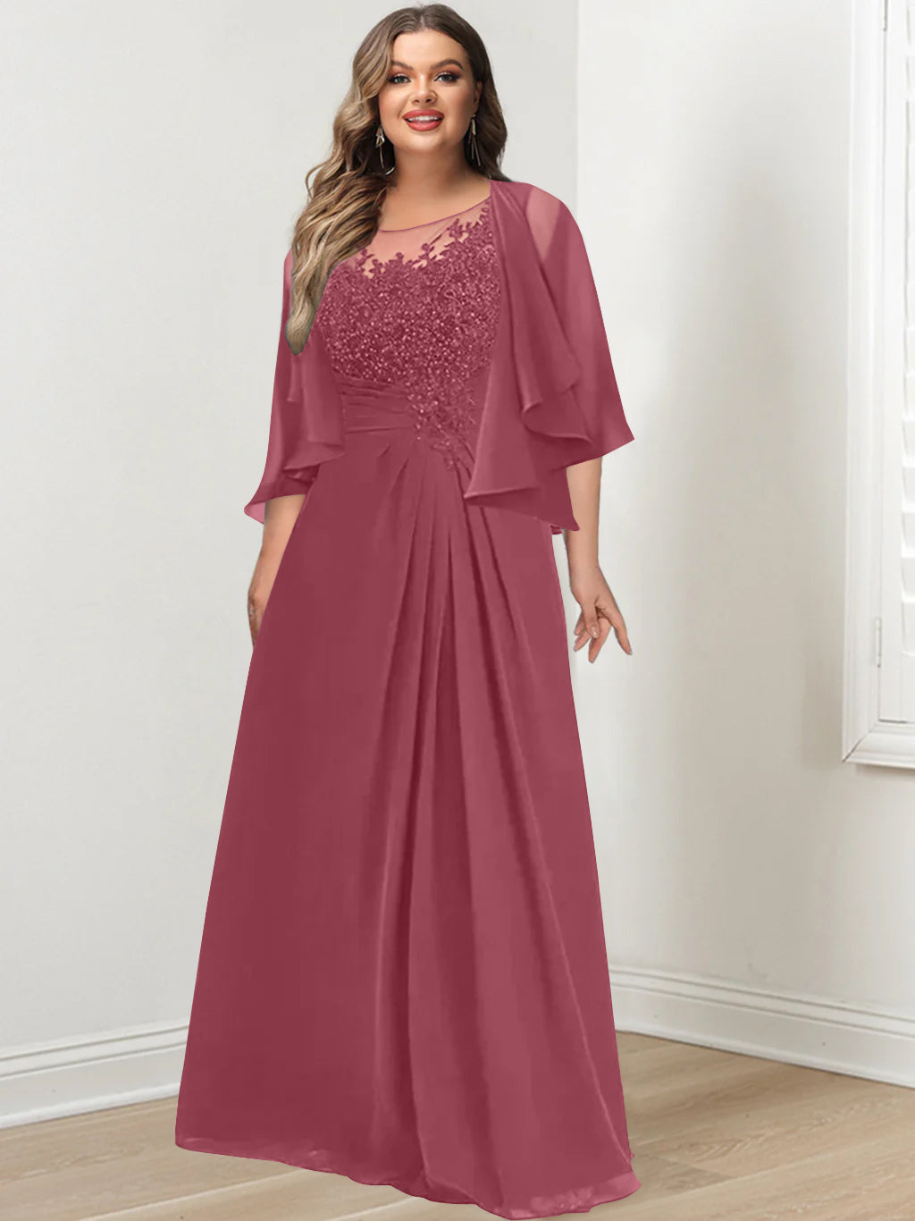 Plus Size Mother of the Bride A-Line Princess Scoop Floor-Length Dress with Pleated & Sequins