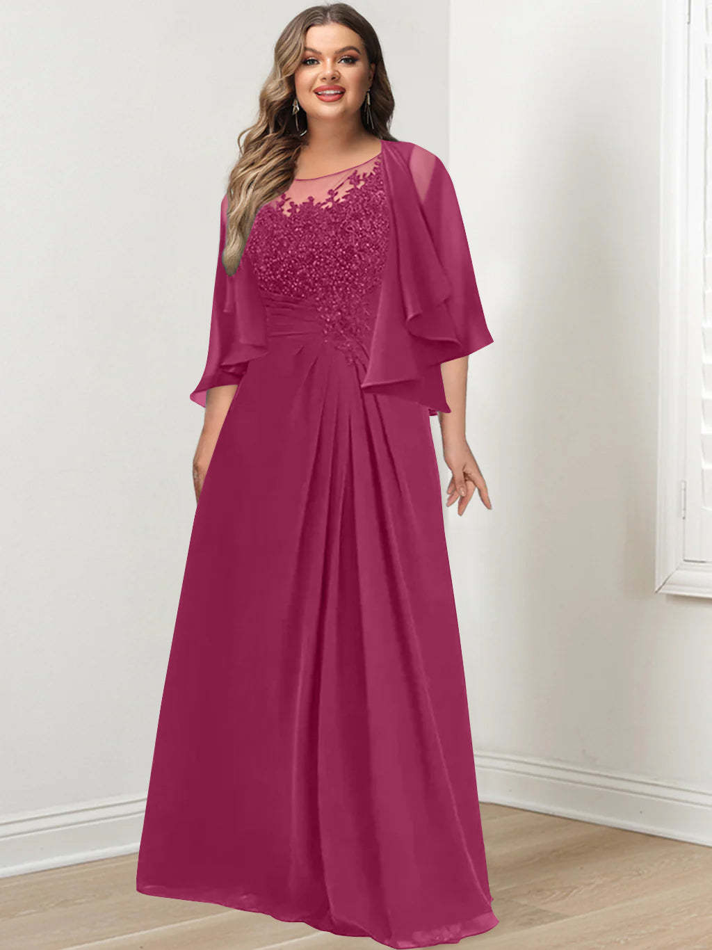 Plus Size Mother of the Bride A-Line Princess Scoop Floor-Length Dress with Pleated & Sequins