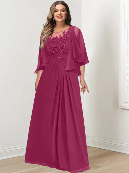 Plus Size Mother of the Bride A-Line Princess Scoop Floor-Length Dress with Pleated & Sequins