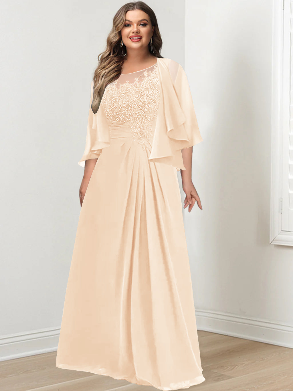 Plus Size Mother of the Bride A-Line Princess Scoop Floor-Length Dress with Pleated & Sequins