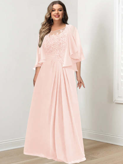 Plus Size Mother of the Bride A-Line Princess Scoop Floor-Length Dress with Pleated & Sequins