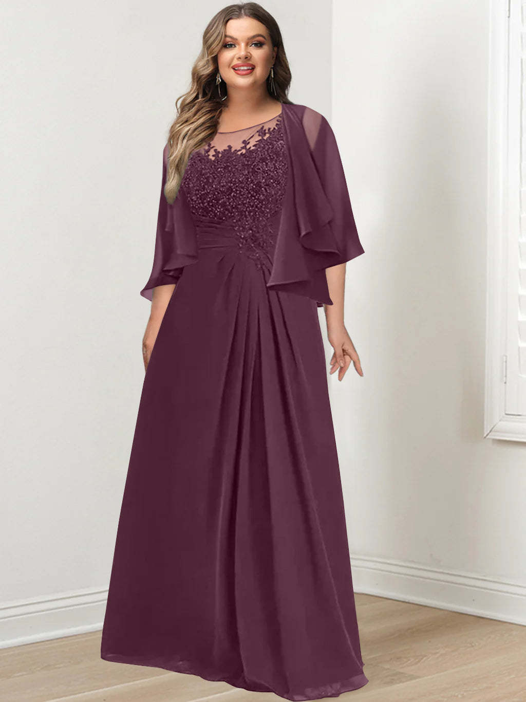 Plus Size Mother of the Bride A-Line Princess Scoop Floor-Length Dress with Pleated & Sequins