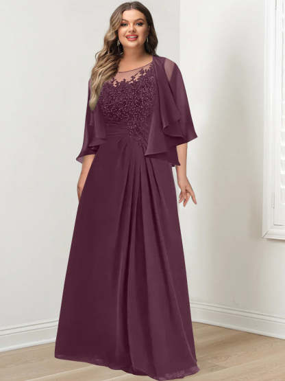 Plus Size Mother of the Bride A-Line Princess Scoop Floor-Length Dress with Pleated & Sequins