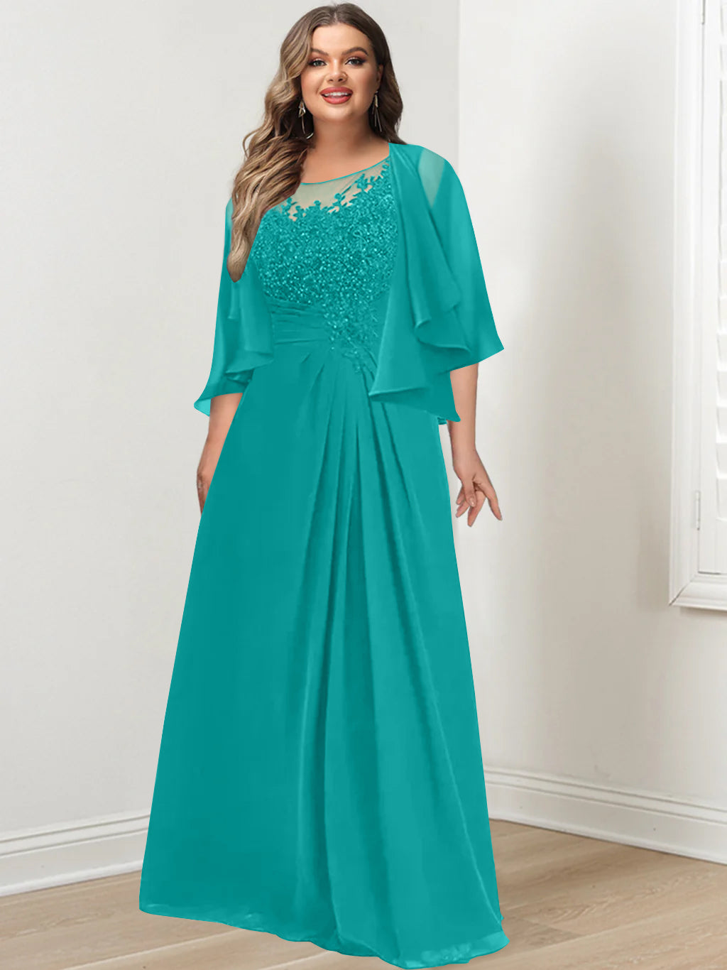 Plus Size Mother of the Bride A-Line Princess Scoop Floor-Length Dress with Pleated & Sequins