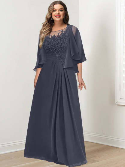 Plus Size Mother of the Bride A-Line Princess Scoop Floor-Length Dress with Pleated & Sequins